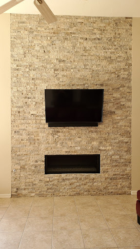 Natural slate stone tile backsplash in livingroom media center