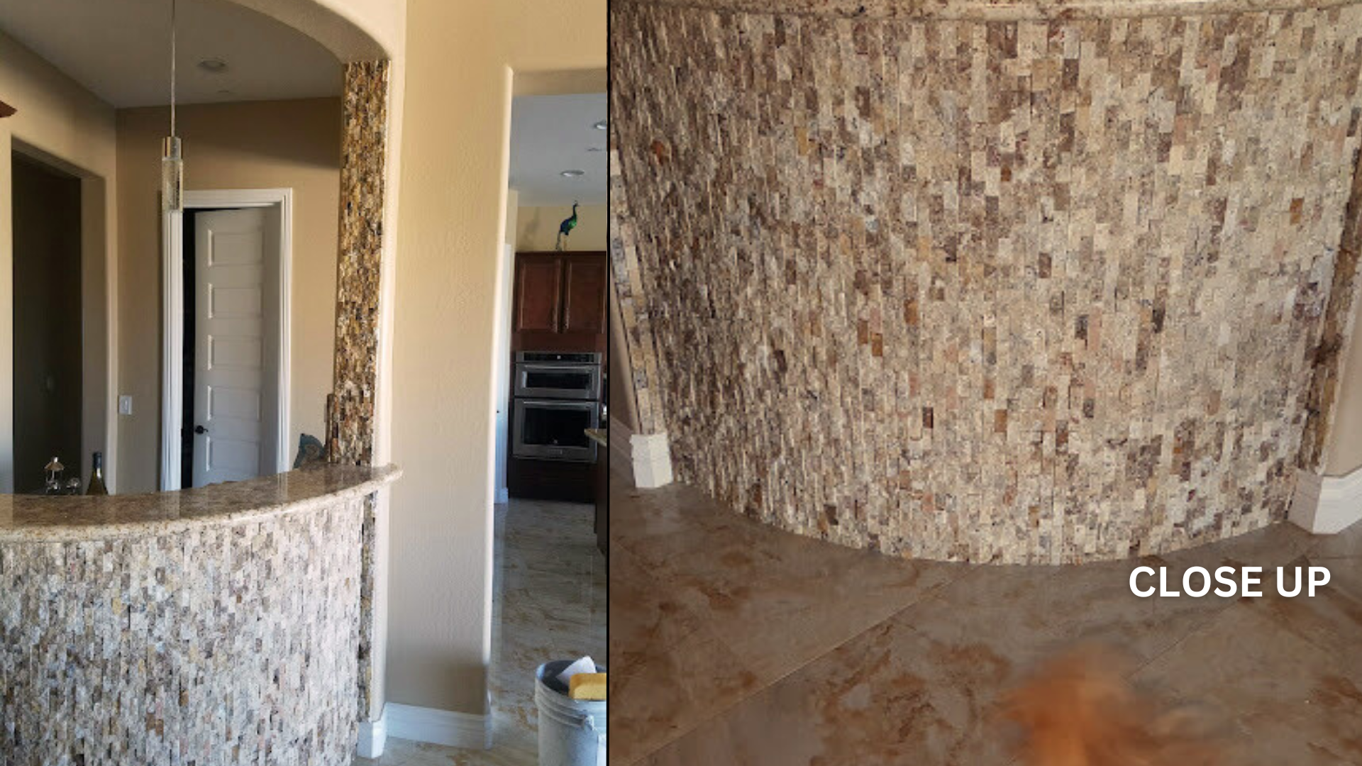 Vertical natural stone slim tile on a living room wet bar in a tan accent color