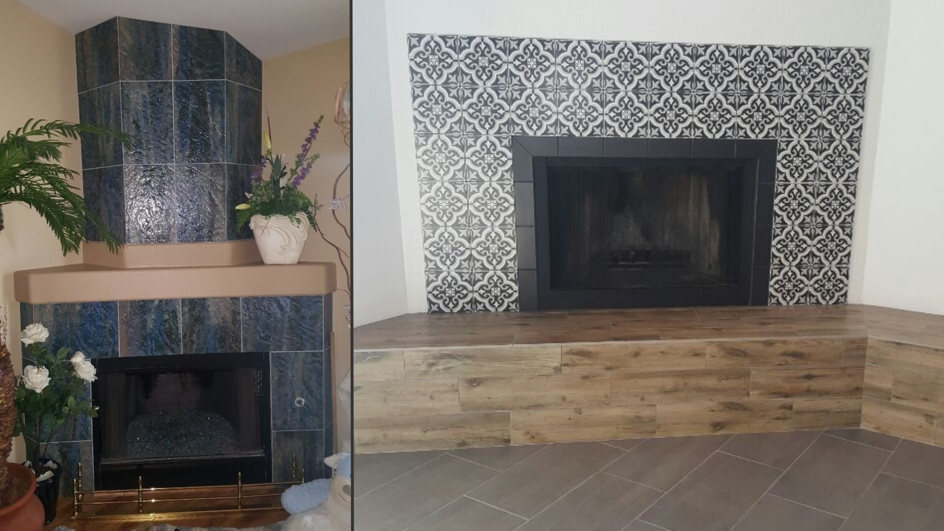 (left) Blue large tile fireplace with green accent plants and painted tan mantle. (right) black and white porcelain tile fireplace with wood grain tile accent