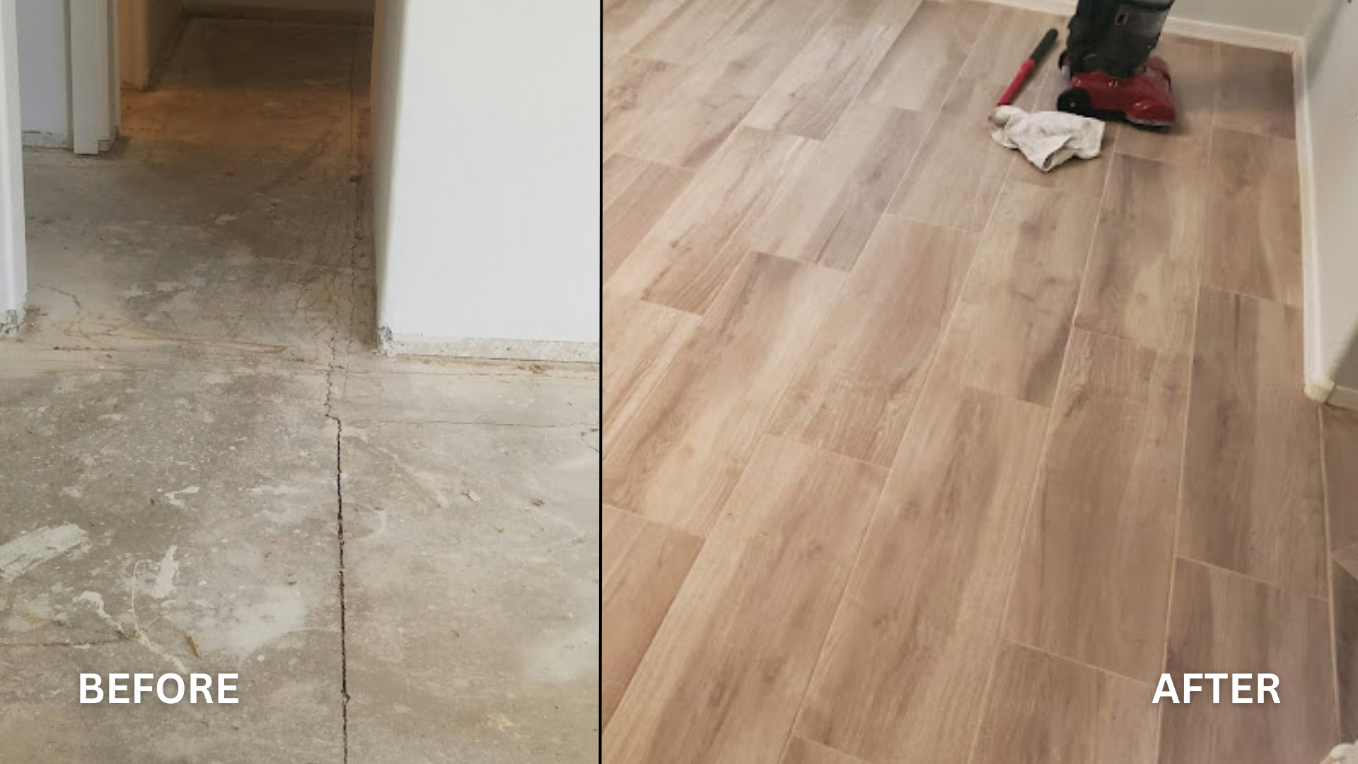 Before and after of concrete floor being stripped and wood grain tile laid with baseboards