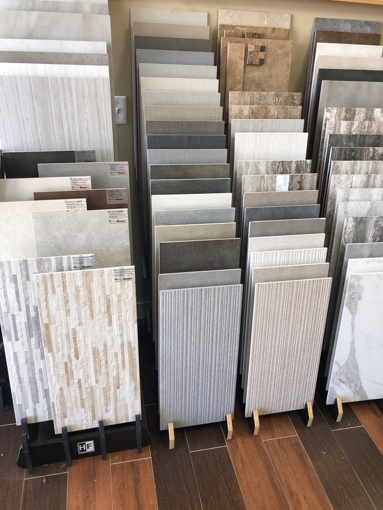 Porcelain tile sample slabs in various colors and textures