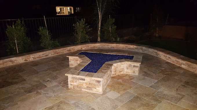 Natural Stone fire pit with blue flame glass